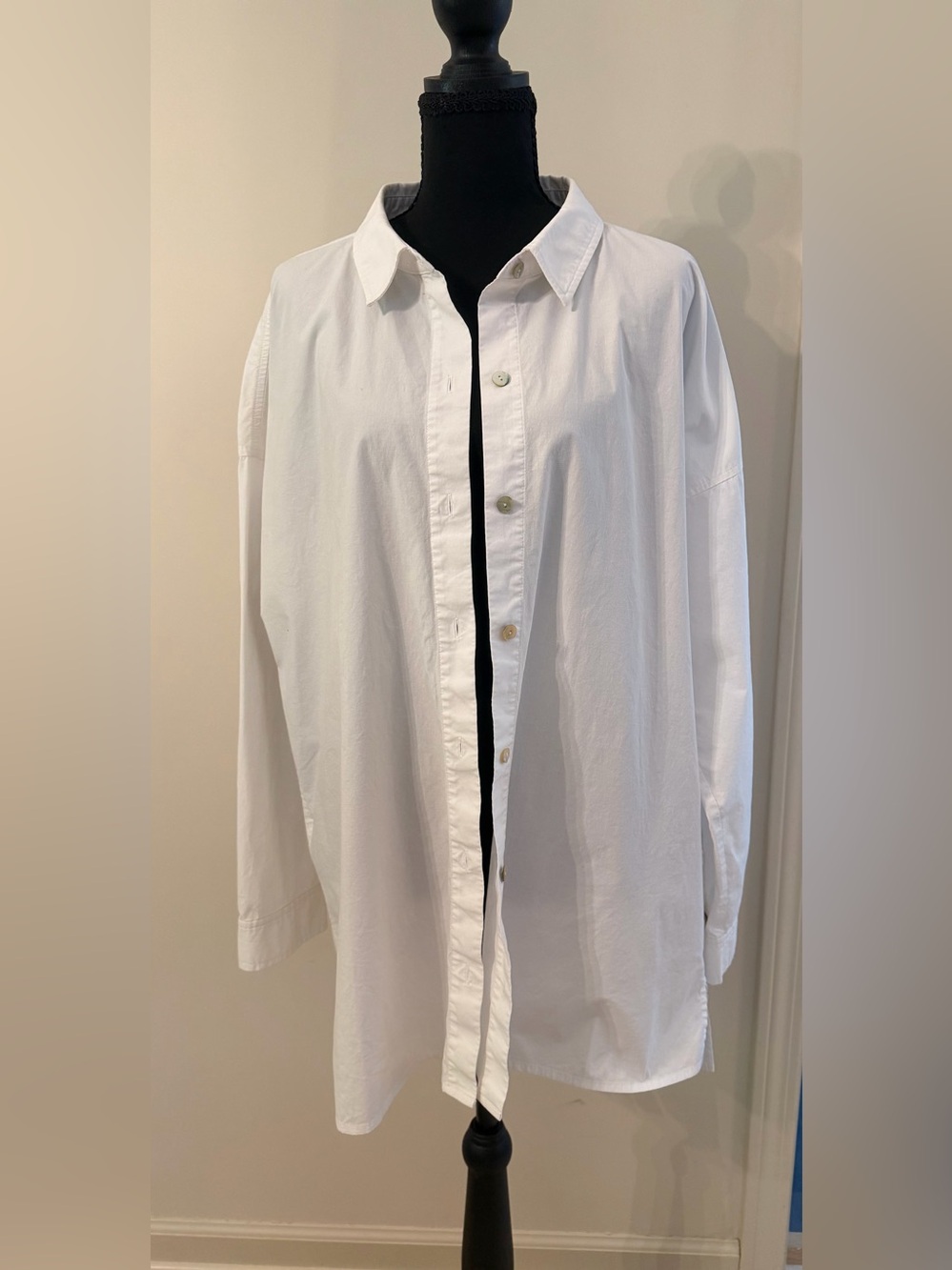 Eileen Fisher Timeless White Organic Cotton Button Down Oxford Shirt Slit Hem XL